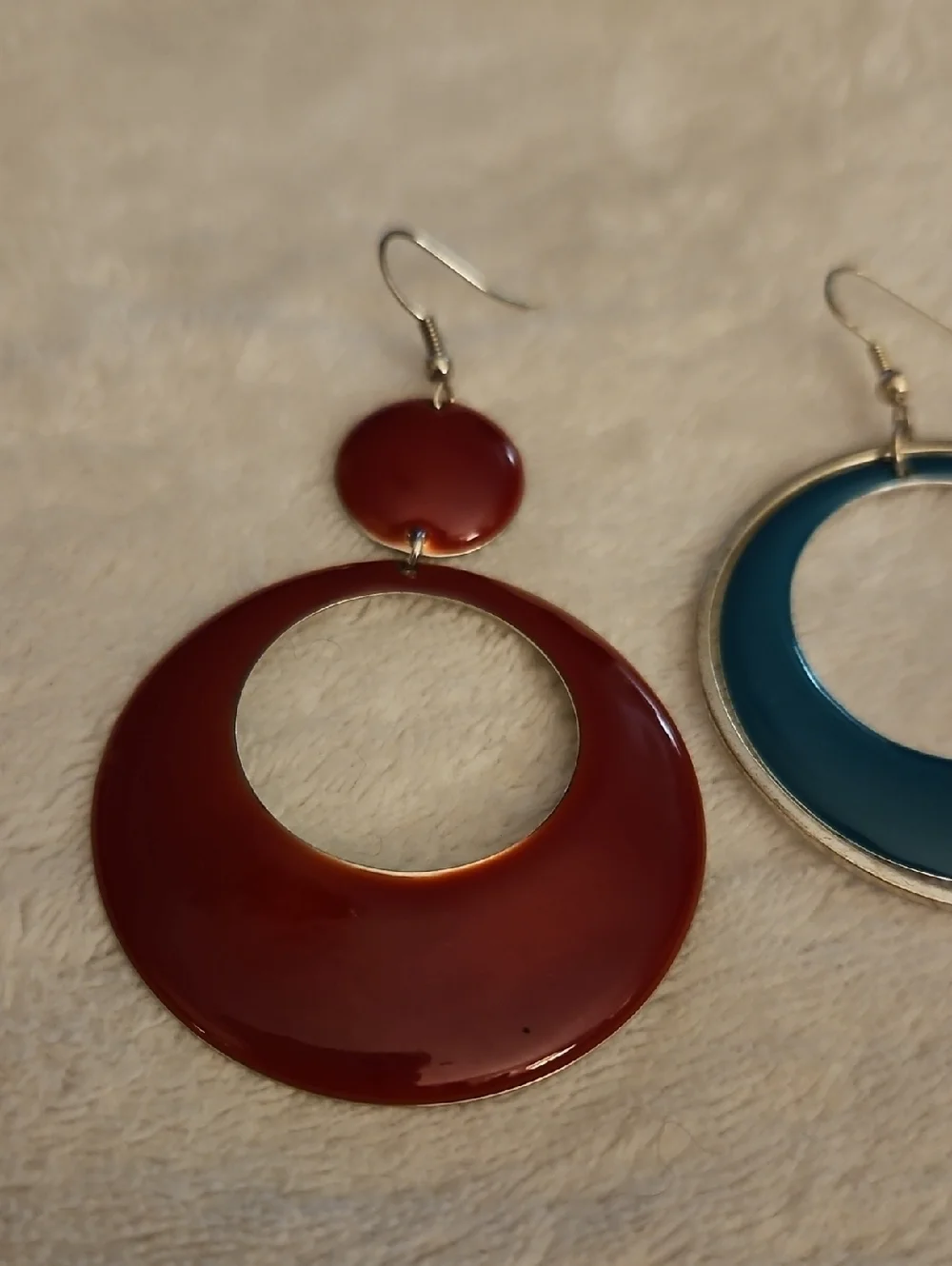 Vintage Mismatched Maroon & Teal Enamel Circles Dangle Hook Earrings